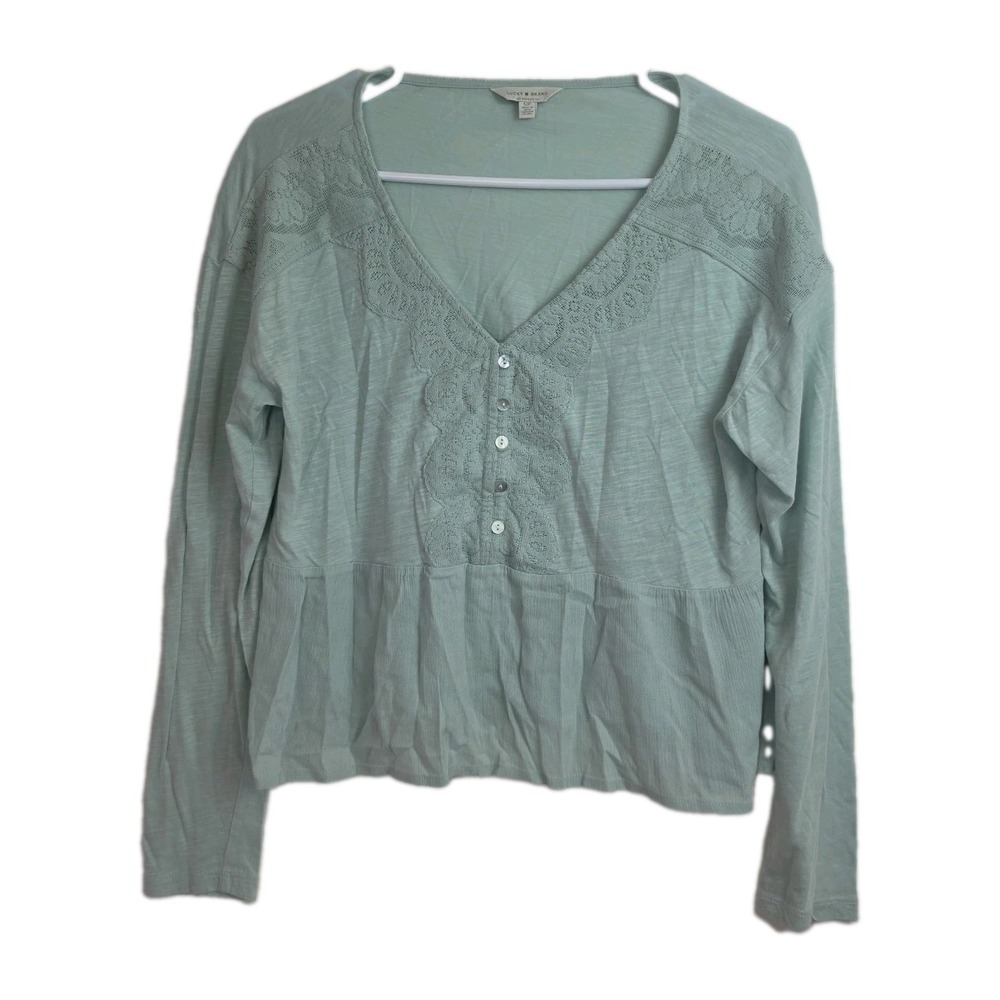 Lucky Brand Flowy Blouse Women's S Mint Green V-Neck Long Sleeves Lace